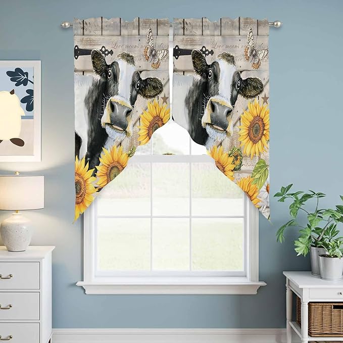 Yellow Sunflowers Swag Valances for Windows, Farmhouse Cow Barn Doors Floral Butterfly Rod Pocket Kitchen Curtains Valance, Kitchen Window Curtains Swag for Cafe Living Room, 2 Panels, 36x45 inch