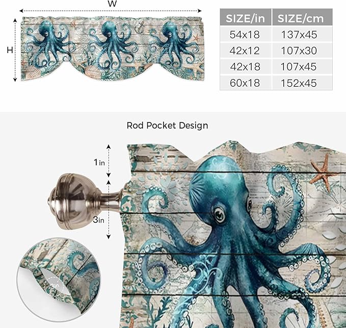 Sea Octopus Ocean Starfish Tie Up Valance Curtains,Nautical Anchor Vintage Wood Grain Kitchen Light Filtering Window Treatments with 3-inch Rod Pocket for Living Room,Bedroom,42x12In