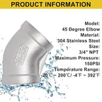 45 Degree Elbow 2PCS, 3/4" NPT Female x 3/4" NPT Female 304 Stainless Steel Pipe Fitting, Connector Coupler Apply to Outdoor/Garden/Industrial