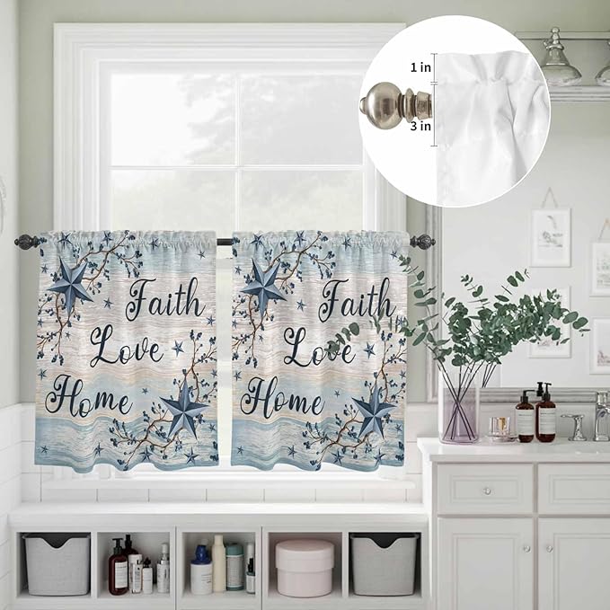 Kitchen Curtains Tiers and Valance Set of 3, Vintage Farmhouse Light Filtering Window Curtain Set, Blue Country Texas Star Vines Wooden Rod Pocket Curtain Drapes for Cafe, Living Room, 24 Inches Tiers