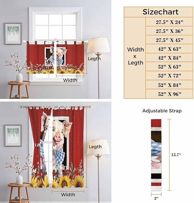 Pig Sunflowers Bedroom Curtains 63 Inch Length, Window Curtains Tab Top, Eucalyptus Leaves Floral Bees Red Barn Light Filtering Window Treatments Drapes 42"x63" 2 Panel