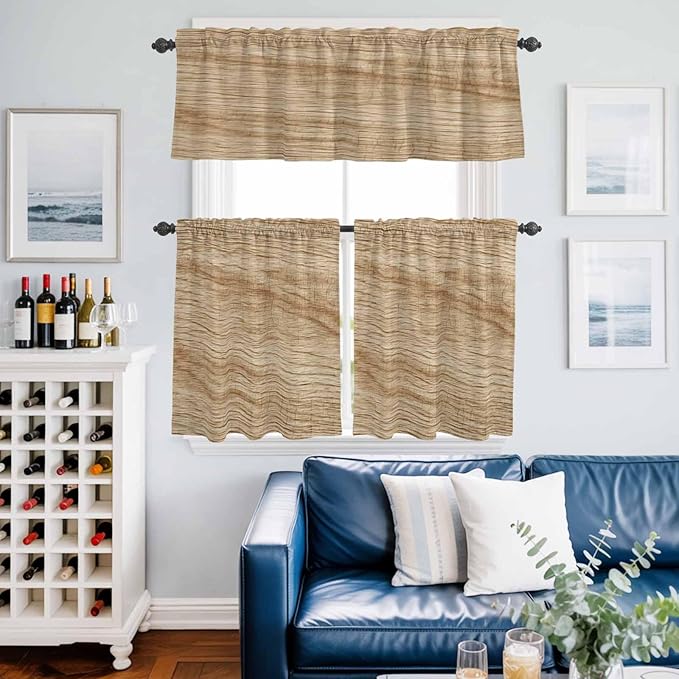 Kitchen Curtains Tiers and Valance Set of 3, Country Farmhouse Light Filtering Window Curtain Set, Vintage Brown Wooden Grain Rod Pocket Curtain Drapes for Cafe, Living Room, 36 Inches Tiers