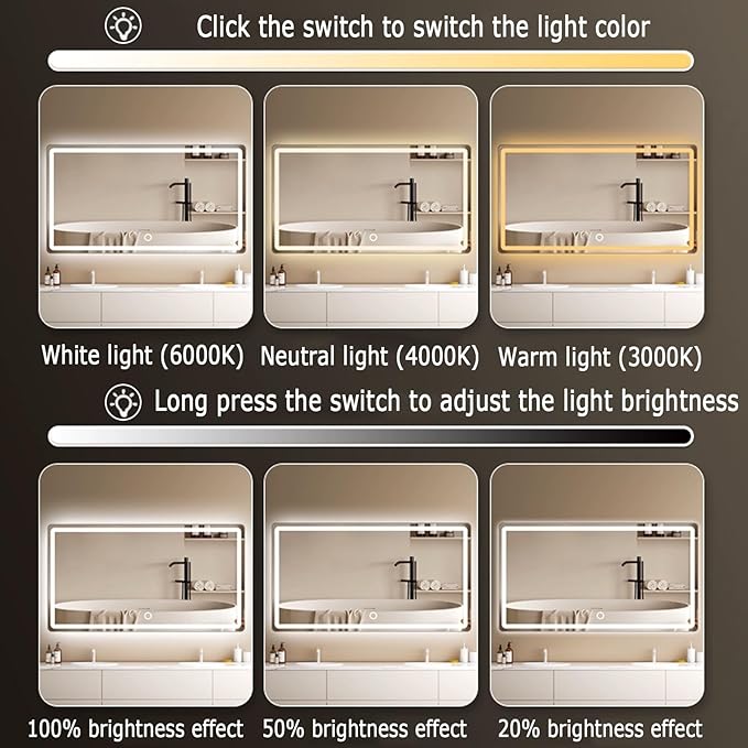 Backlit LED Illuminated Bathroom Mirror with LED Lights, Lighted Bathroom Makeup Wall Mounted Mirror with Demister Pad, Sensor Touch Switch, Horizontal/Vertical(A,H60*W80CM/H23.6*W31.4IN)