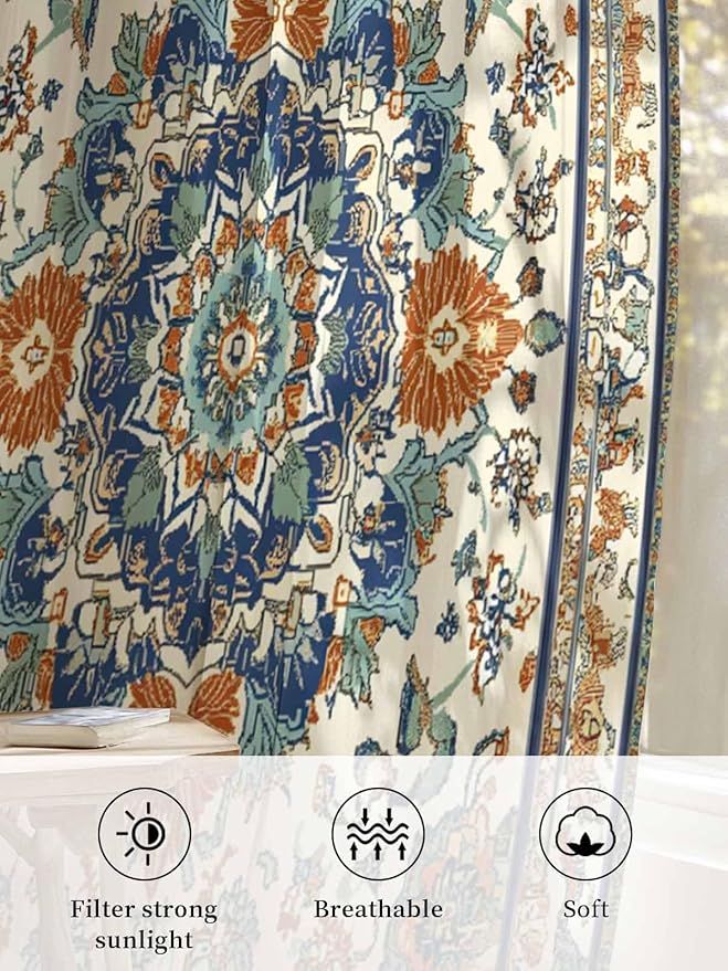 Sheer Curtains 84 Inches Long, Southwest Farmhouse Semi Sheer Curtains Light Filtering Window Treatment, Orange Blue Desert Bohemian Privacy Voile Drapes for Living Room Bedroom 52x84 Inch