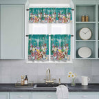 Spring Flowers Kitchen Curtain Set, Farmhouse Watercolor Teal Wood Grain Window Valance and Tiers 24" Length, Light Filtering Short Curtains Valance for Cafe Bathroom Bedroom 54"x18"