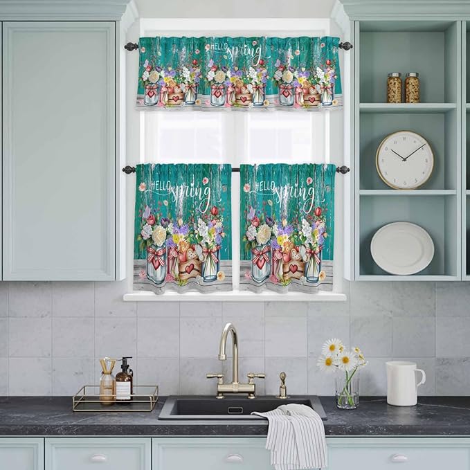 Spring Flowers Kitchen Curtain Set, Farmhouse Watercolor Teal Wood Grain Window Valance and Tiers 36" Length, Light Filtering Short Curtains Valance for Cafe Bathroom Bedroom 54"x18"