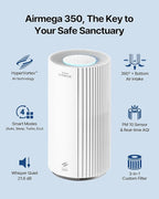COWAY Air Purifier for Large Room Whole Home Up to 2,640 ft², HEPA Filter for Smoke, Allergen, Pet Dander, Odor, PM 10 AQI, Turbo Eco Mode, Timer, Energy Star, 3yr Warranty, Airmega 350 White