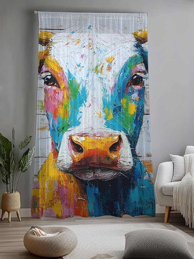 Sheer Curtains 96 Inches Long, Funny Colorful Cow Semi Sheer Curtains Light Filtering Window Treatment, Retro Rustic Oil Painting Wood Grain Privacy Voile Drapes for Living Room Bedroom 52x96 Inch