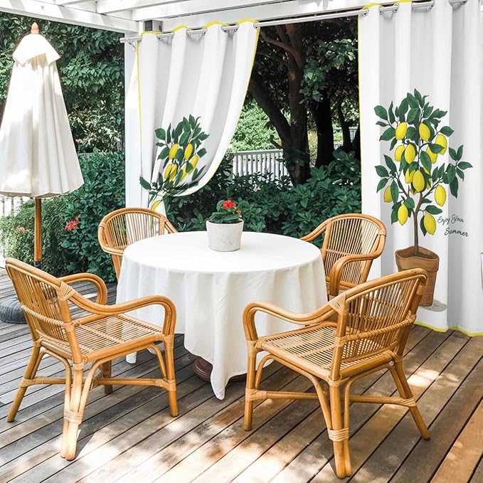 Lemons Outdoor Curtains for Patio Summer Fruit Lemon Tree Waterproof Outside Curtains with Grommet Top Weatherproof Curtain for Cabana Pergola Gazebo, 2 Pack, 54" W x 95" L