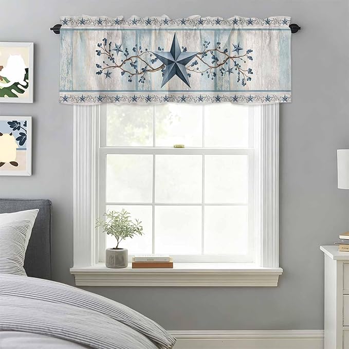Blue Texas Star Valances for Windows, Vintage Star Berry Blue Beige Wood Grain Kitchen Valance Light Filtering Rod Pocket Short Curtains for Kitchen Bathroom, 1 Panel, 42"x18"