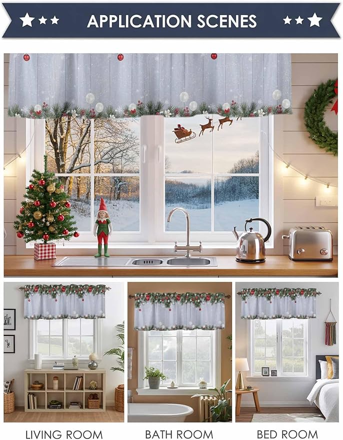 Christmas Curtain Valances for Windows, Kitchen Valance Window Treatment, Winter Xmas Balls Pine Branches Wooden Grain Light Filtering Block Curtains for Bathroom/Bedroom/Living Room 60'' x 18''