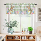 Kitchen Curtains Tiers and Valance Set of 3, Easter Light Filtering Window Curtain Set, Spring Bunny Colorful Eggs Floral Leaves Grey Plaid Rod Pocket Curtain Drapes for Living Room, 36 Inches Tiers