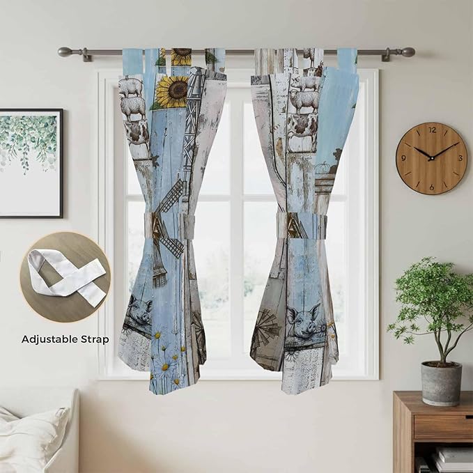 Blue Grey Wooden Bedroom Curtains 72 Inch Length, Window Curtains Tab Top, Farmhouse Barn Sunflowers Retro Light Filtering Window Treatments Drapes 52"x72" 2 Panel