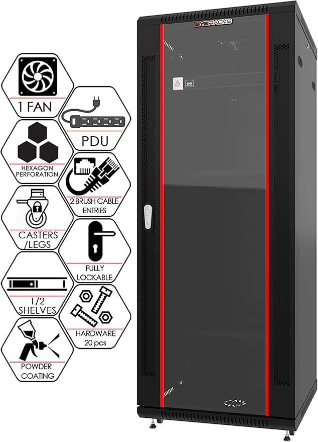Sysracks 27U Wall Mount Server Rack Cabinet, 19” Locking Network Rack, 24” Deep, Glass Door, with Fan, PDU and Shelf