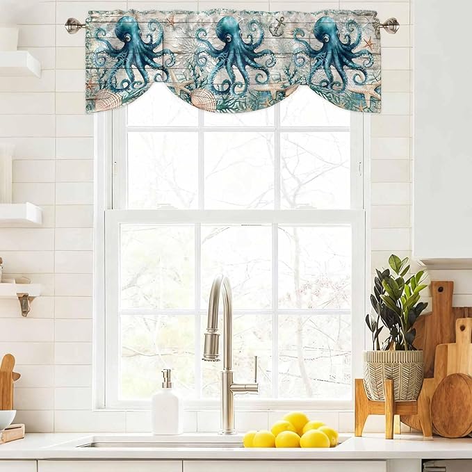 Sea Octopus Ocean Starfish Tie Up Valance Curtains,Nautical Anchor Vintage Wood Grain Kitchen Light Filtering Window Treatments with 3-inch Rod Pocket for Living Room,Bedroom,42x12In
