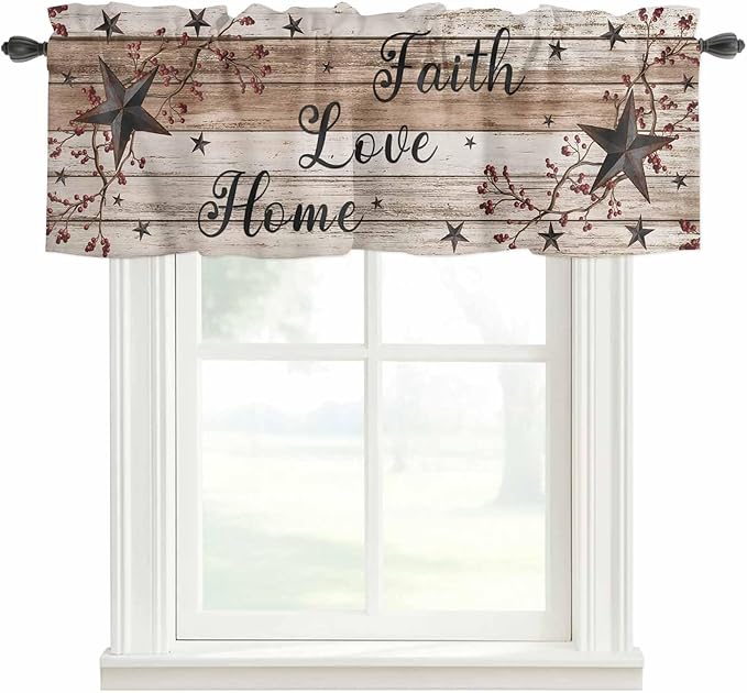 Rustic Star Brown Curtain Valances for Windows, Kitchen Valance Window Treatment, Vintage Plants Berry Wooden Grain Light Filtering Block Curtains for Bathroom/Bedroom/Living Room 42'' x 18''