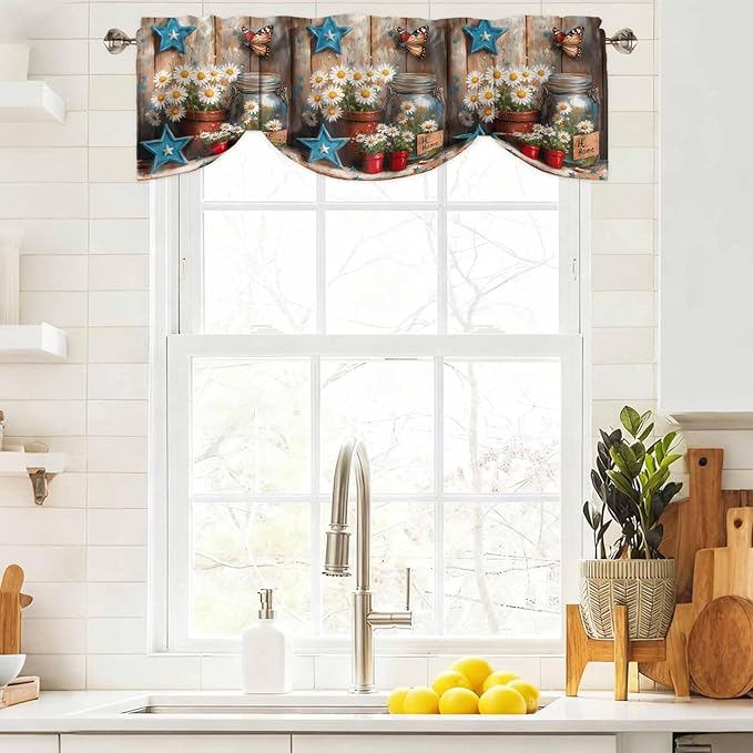 Country Flower Tie Up Valance for Window, Western Texas Star Butterfly Barn Door Adjustable Balloon Window Shade Valance Curtain for Kitchen Cafe Bathroom Window Treatment Panel 42''x18''
