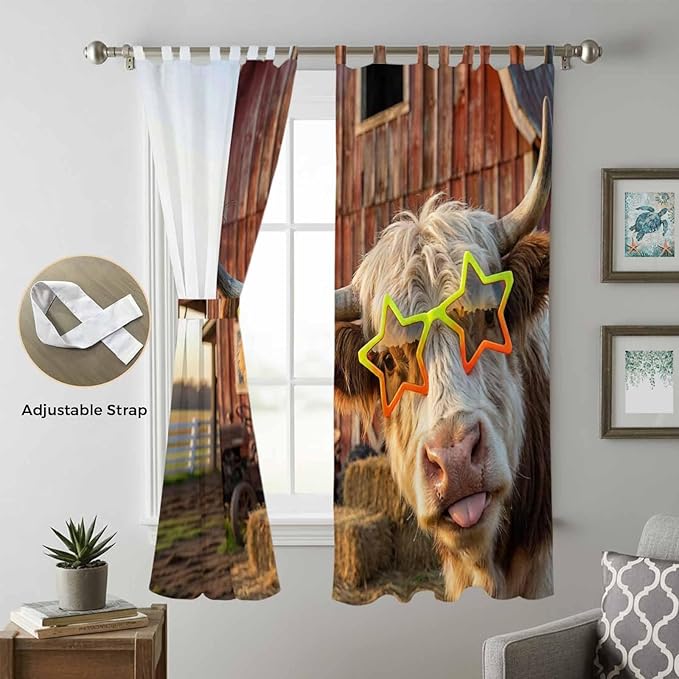 Farm Yaks Living Room Curtains 96 Inch Length, Window Curtains Tab Top, Farmhouse Barn Funny Animals Butterfly Light Filtering Window Treatments Drapes 52"x96" 2 Panel