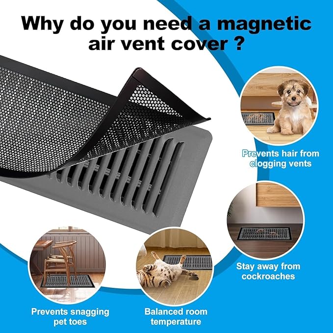 4 PCS Magnetic Vent Covers - 5.5"x12" Magnetic Air Vent Screen - for Floor/Wall/Ceiling Registers - Easy Install, Secure Fit - Durable(Fits Registers 5.5" to 6.5" Wx 12" to13" L)