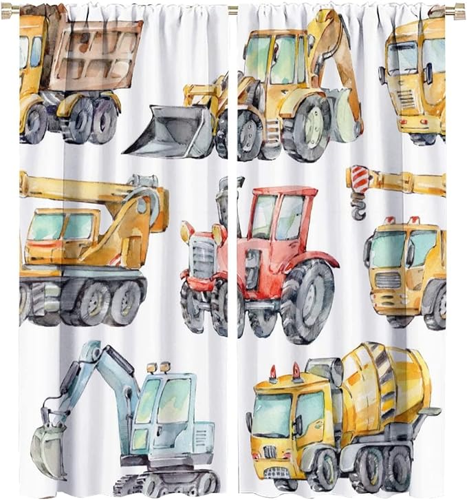 Kids Excavator Curtains, Retro Truck Tractor Machinery Construction Vehicle Crane Digger Mixer Rod Pocket Decorative Windows Curtain for Teens Girls Boys Room 55x63in (30% Blackout)