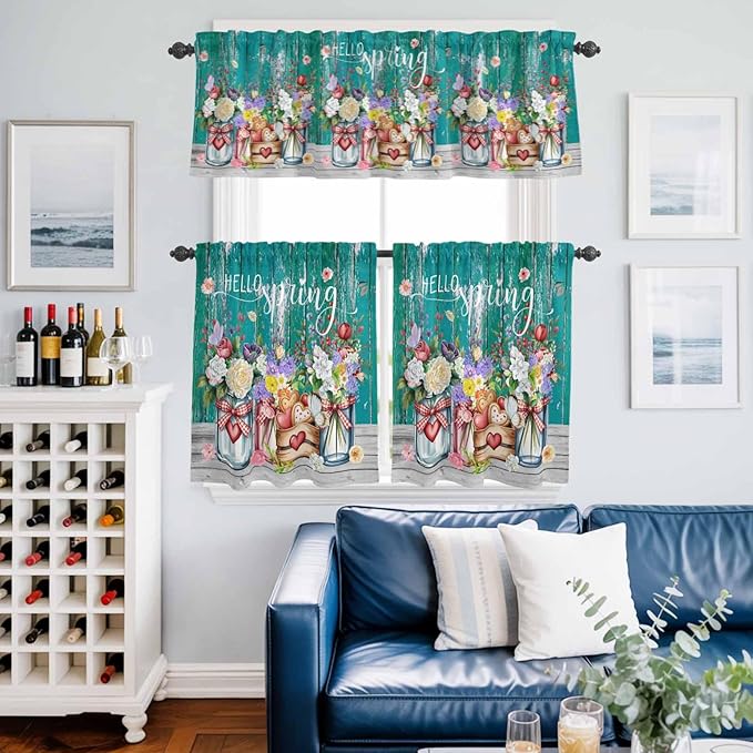 Spring Flowers Kitchen Curtains Set 3 Piece for Windows, Rod Pocket Valance and Tier Set 36 Inch Length, Farmhouse Watercolor Teal Wood Grain Light Filtering Cafe Curtains for Living Room Bathroom