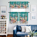 Kitchen Curtains Tiers and Valance Set of 3, Spring Flowers Light Filtering Window Curtain Set, Farmhouse Watercolor Teal Wood Grain Rod Pocket Curtain Drapes for Cafe, Living Room, 36 Inches Tiers
