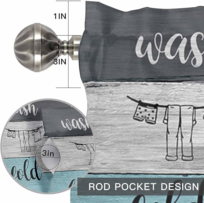 Laundry Rules Valances for Windows, Retro Blue White Wood Board Grain Kitchen Valance Light Filtering Rod Pocket Short Curtains for Kitchen Bathroom, 1 Panel, 60"x14"