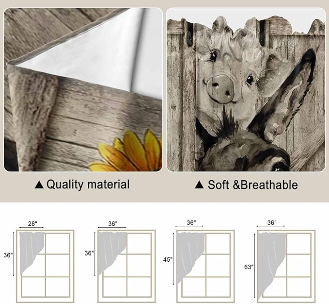 Funny Farm Animals Swag Valances for Windows, Vintage Barn Brown Sunflowers Rod Pocket Kitchen Curtains Valance, Kitchen Window Curtains Swag for Cafe Bathroom Living Room, 2 Panels, 36x63 inch