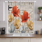Retro Floral Living Room Curtains 84 Inch Length, Window Curtains Tab Top, Red Yellow Tulips Barm Doors Farmhouse Wooden Light Filtering Window Treatments Drapes 52"x84" 2 Panel
