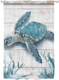 Sheer Curtains 63 Inch Length, Teal Green Sea Turtle Semi Sheer Curtains Light Filtering Window Treatment, Summer Ocean Seaweed Wood Grain Privacy Voile Drapes for Living Room Bedroom 52x63 Inch