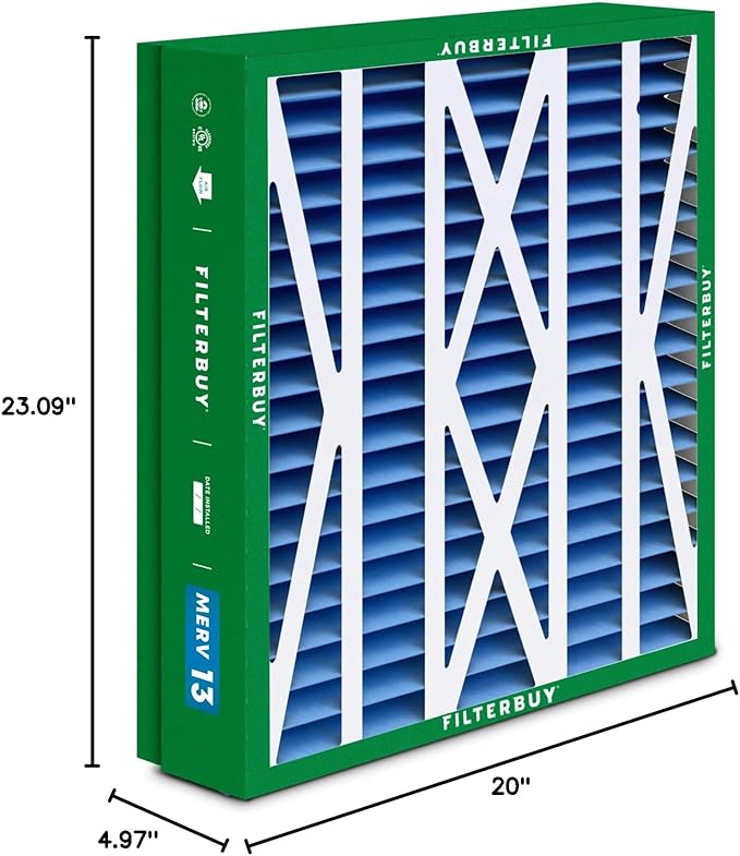 Filterbuy 21x23.5x5 Air Filter MERV 13 Optimal Smoke & Allergy Defense (2-Pack), Pleated HVAC AC Furnace Filters for Trane Perfect Fit & American Standard (Actual Size: 20.00 x 23.09 x 4.97)