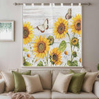 Yellow Sunflowers Bathroom Curtains 63 Inch Length, Window Curtains Tab Top, Vintage Country Flowers Butterfly Wood Board Light Filtering Window Treatments Drapes 52"x63" 2 Panel