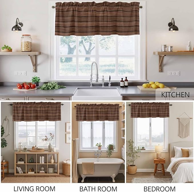 2 Pack Kitchen Valance for Windows, Farm Brown Wood Board Light Filtering Rod Pocket Valances Short Curtain, Vintage Farmhouses Barn Window Curtain for Bedroom Bathroom Living Room 54x18in