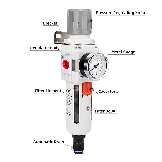 NANPU 3/8" NPT Compressed Air Filter Regulator Combo Piggyback, Auto Drain, 5 Micron Brass Element, Poly Bowl, Metal Bracket, 0-150 psi Gauge