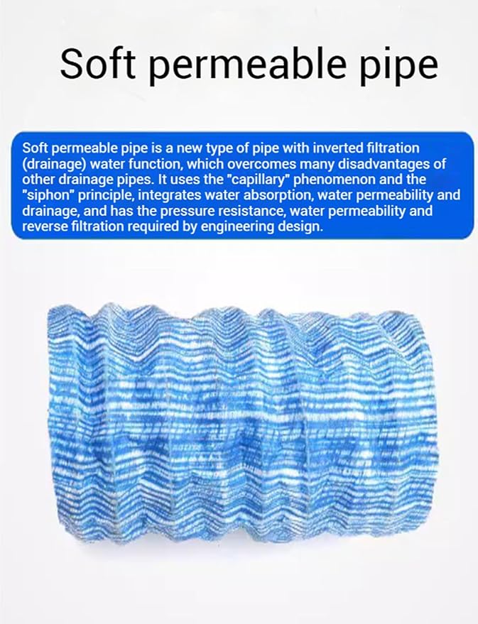 French Drain Pipe for Garden Lawn & Landscape, 8cm (3in) Perforated Fabric Drainage Pipe for Yard, Sidewalk, Construction Site - 25m (82ft) Soft Infiltration Solution