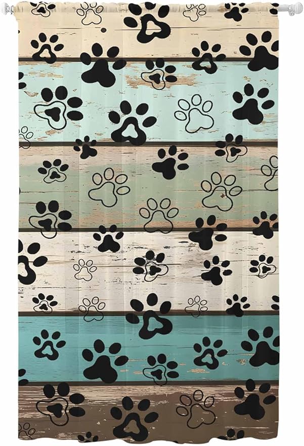 Sheer Curtains 108 Inches Long, Sage Green Brown Paw Prints Semi Sheer Curtains Light Filtering Window Treatment, Vintage Farmhouse Wooden Grain Privacy Voile Drapes for Living Room 52x108 Inch