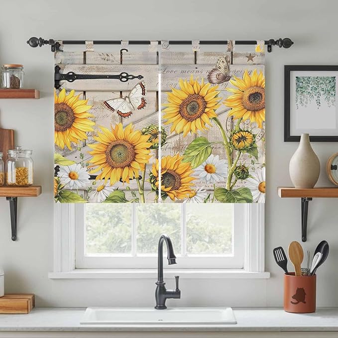Farm Flowers Kitchen Curtains 45 Inch Length, Short Cafe Window Curtains Tab Top, Retro Sunflowers Barn Doors Butterfly Wood Board Light Filtering Window Treatments Tier Drapes 27.5"x45" 2 Panel