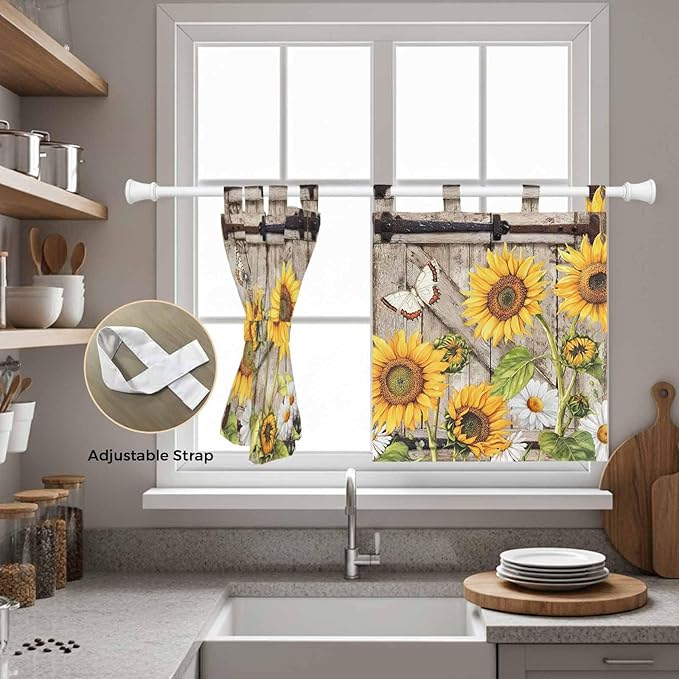Farmhouse Sunflowers Kitchen Curtains 36 Inch Length, Small Window Curtains Tab Top, Rustic Barn Doors Flowers Butterfly Wooden Light Filtering Short Window Treatments Tier Drapes 27.5"x36" 2 Panel