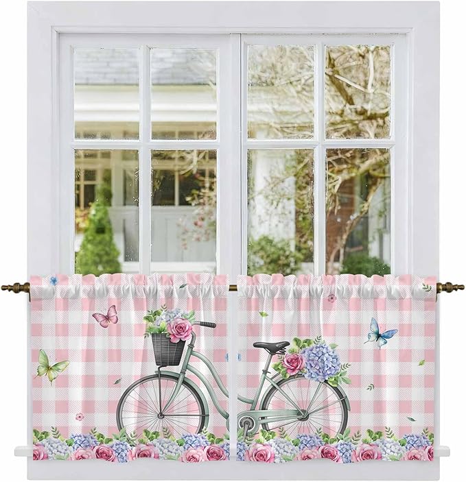Spring Tier Curtains, Bicycles Leaves Butterfly Flowers Pink Buffalo Plaid Light Filtering Kitchen Curtains, 2Pcs Rod Pocket Half Window Treatments Panels for Sink Cafe Cabinet Camper 27.5x24 Inches