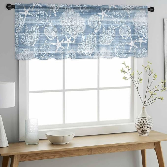Haze Blue Retro Summer Sheer Valance Curtains, Sea Turtle Starfish Coral Ocean Light Filtering Kitchen Valances Rod Pocket Voile Curtain Window Treatment for Bedroom/Living Room/Basement 42Wx18L
