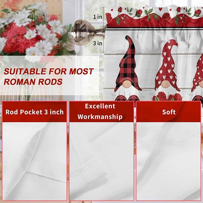 I Love U Valance Curtains for Kitchen, Valentine's Day Dwarf Romantic Wood Grain Privacy Rod Pocket Valance Curtain, Light-Filtering Window Treatment for Bedroom Bathroom, 54"x18"