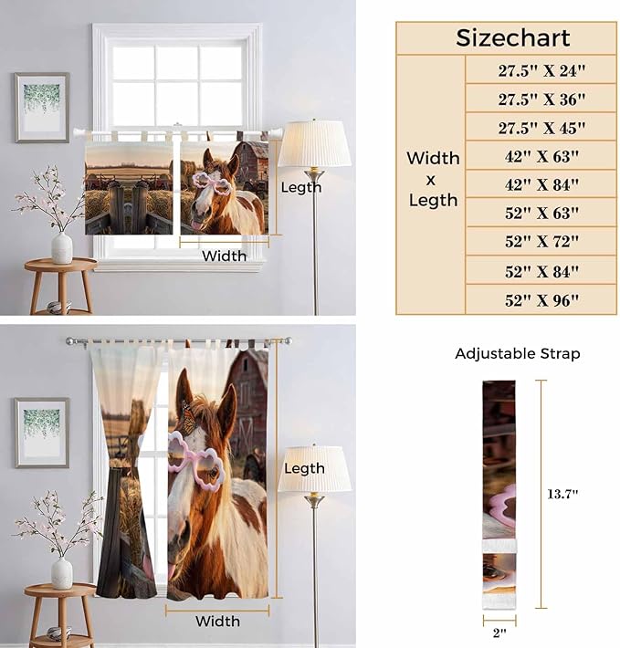 Farm Horses Bedroom Curtains 63 Inch Length, Window Curtains Tab Top, Farmhouse Barn Funny Animals Butterfly Light Filtering Window Treatments Drapes 42"x63" 2 Panel