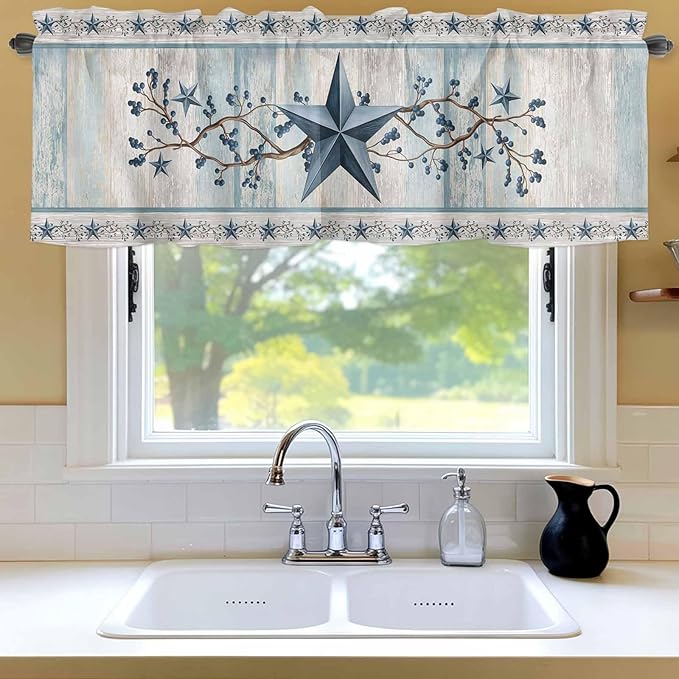 Blue Texas Star Valances for Windows, Vintage Star Berry Blue Beige Wood Grain Kitchen Valance Light Filtering Rod Pocket Short Curtains for Kitchen Bathroom, 1 Panel, 42"x18"