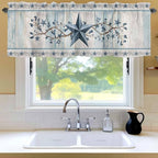 Blue Texas Star Valances for Windows, Vintage Star Berry Blue Beige Wood Grain Kitchen Valance Light Filtering Rod Pocket Short Curtains for Kitchen Bathroom, 1 Panel, 60"x14"