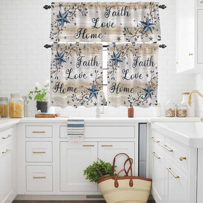 Vintage Country Kitchen Curtains Set 3 Piece for Windows,Rod Pocket Valance and Tier Set 24 Inch Length,Blue Rustic Texas Star Vines Wooden Grain Light Filtering Cafe Curtains for Living Room