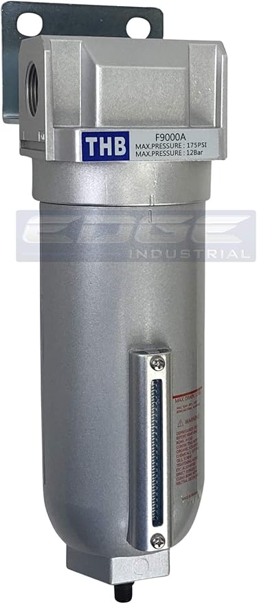 HEAVY DUTY INDUSTRIAL RATED HIGH FLOW PARTICULATE FILTER, IN-LINE WATER TRAP FOR COMPRESSED AIR LINE SYSTEMS, 5 MICRON WITH METAL BOWL AND AUTO DRAIN (1" NPT, 11oz)
