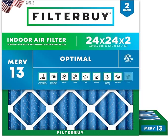 Filterbuy 24x24x2 Air Filter MERV 13 Optimal Smoke & Allergy Defense (2-Pack), Electrostatic Pleated HVAC AC Furnace Filters Replacement, Made in USA (Actual Size: 23.38 x 23.38 x 1.75)