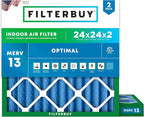 Filterbuy 24x24x2 Air Filter MERV 13 Optimal Smoke & Allergy Defense (2-Pack), Electrostatic Pleated HVAC AC Furnace Filters Replacement, Made in USA (Actual Size: 23.38 x 23.38 x 1.75)