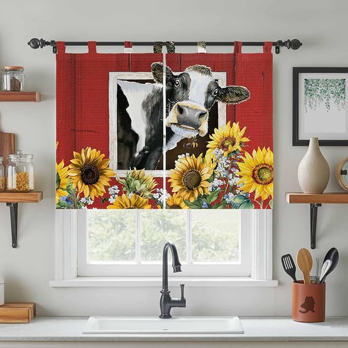 Cows Sunflowers Kitchen Curtains 45 Inch Length, Short Cafe Window Curtains Tab Top, Spring Botanical Floral Bees Red Barn Light Filtering Window Treatments Tier Drapes 27.5"x45" 2 Panel