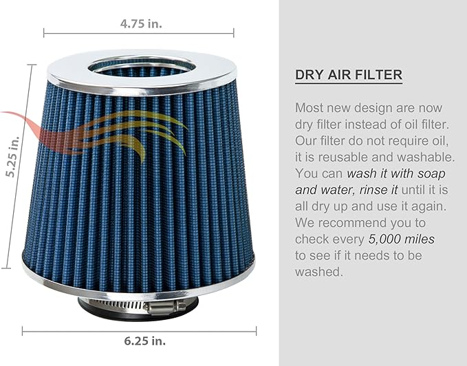 BLUE 3.5" 89 mm Inlet Narrow Air Cone Replacement Performance Washable Clamp-On Dry Air Filter
